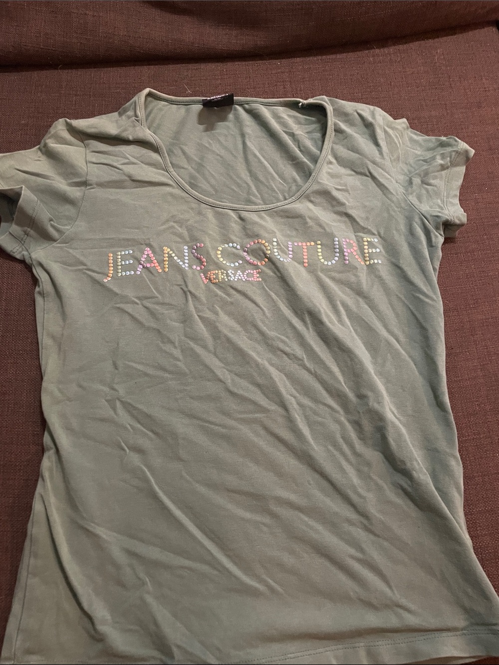 Versace Sage Green JEANS COUTURE Rhinestone Logo Tee
